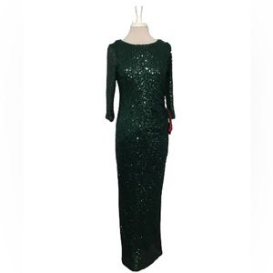 MARINA Emerald Green Sequin Lined Long Gown Ruched Side Back Slit Size 10
